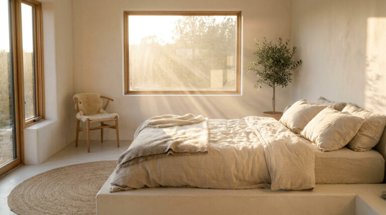 Une chambre minimaliste baignée de lumière dorée avec un lit confortable, une chaise en bois et un olivier en pot.