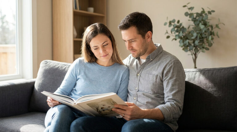 Un couple complice assis sur un canapé lit un livre ensemble dans un salon lumineux.