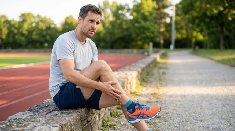 Coureur assis sur un muret tenant sa jambe douloureuse suite à une périostite tibiale sur une piste d'athlétisme.