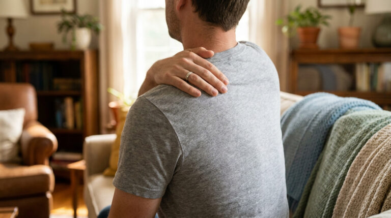 Un homme se tenant le haut du dos avec la main, indiquant une douleur entre l'omoplate et la colonne vertébrale.