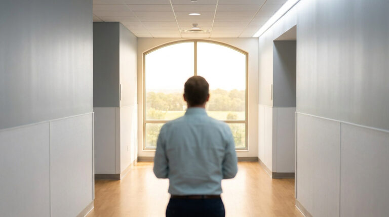 Homme de dos regardant par une grande fenêtre lumineuse au bout d'un couloir d'hôpital.