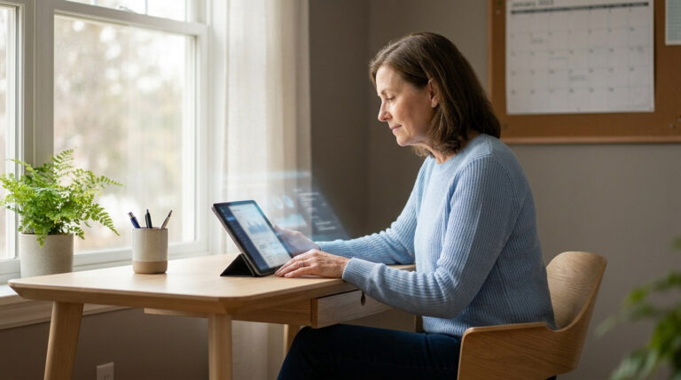 Femme d'âge mûr assise à un bureau, consultant des données administratives sur une tablette numérique.
