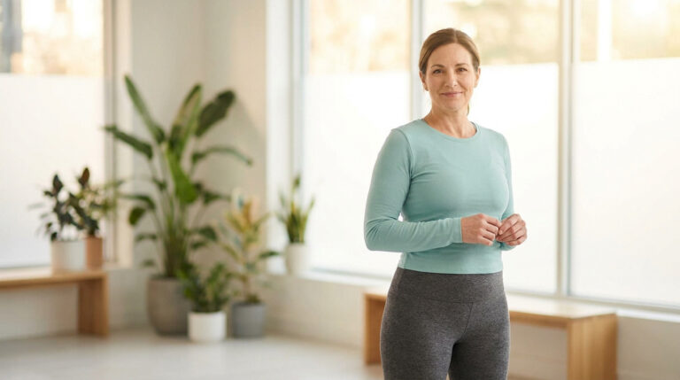 Femme d'âge mûr souriante en tenue de sport dans un intérieur lumineux et végétalisé.