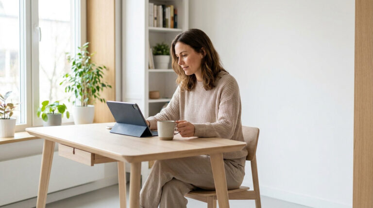 Une femme assise à un bureau en bois utilisant une tablette, évoquant la posture et le confort au quotidien.