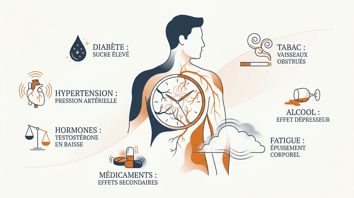 Schéma explicatif des causes physiologiques et comportementales de la dysfonction érectile chez l'homme