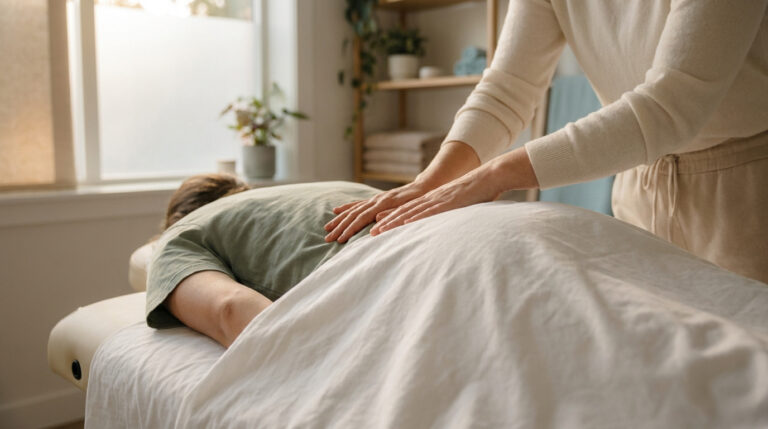 Un kinésithérapeute effectuant un massage thérapeutique sur le dos d'un patient allongé sur une table de soins.