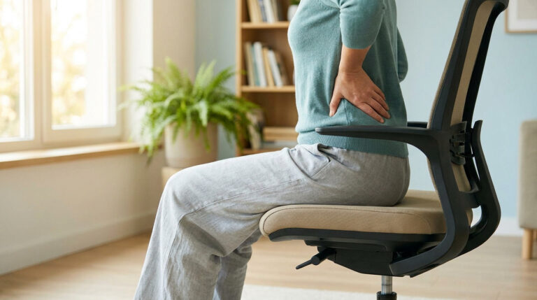 Une personne assise sur une chaise de bureau se tient le bas du dos avec une expression de gêne.