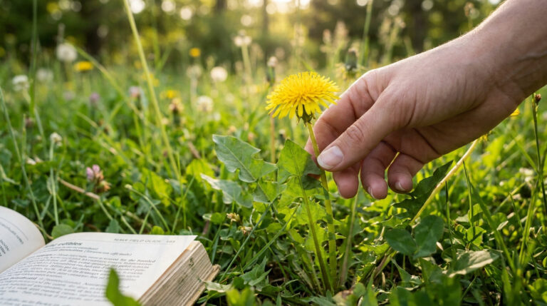 Une main touche une fleur de pissenlit dans une prairie, accompagnée d'un guide botanique ouvert.