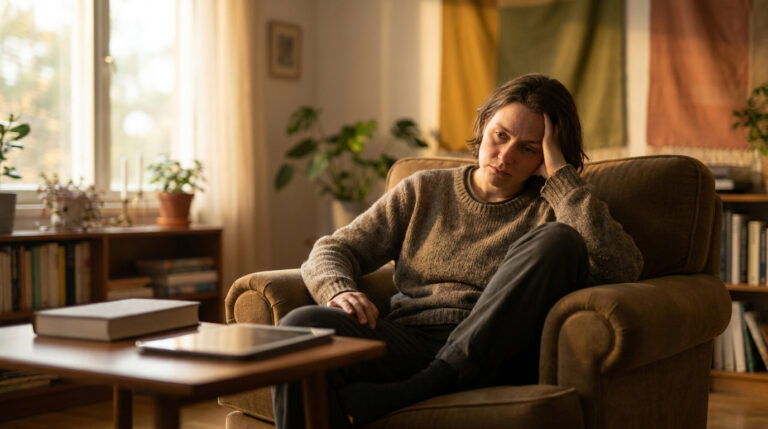 Une personne assise dans un fauteuil, l'air épuisé et pensif, dans un salon chaleureux au coucher du soleil.