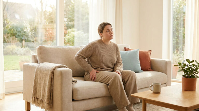 Une femme assise sur un canapé, tenant sa hanche avec une expression pensive et inconfortable dans un salon lumineux.