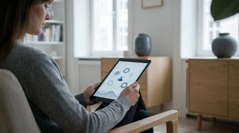 Une femme assise dans un fauteuil consulte des informations médicales sur une tablette numérique.
