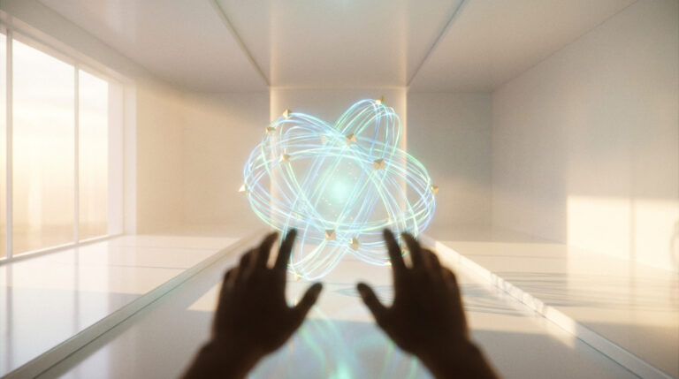 Mains interagissant avec une représentation holographique d'un atome dans un environnement blanc et épuré.