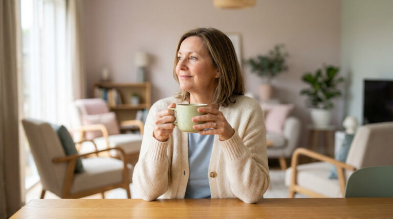 Une femme mûre sereine assise chez elle, tenant une tasse à la main et regardant par la fenêtre.