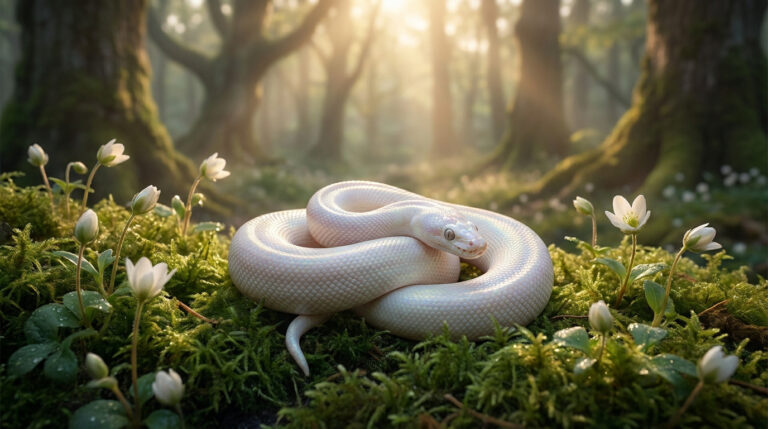 Un serpent blanc enroulé sur de la mousse verte entouré de fleurs blanches dans une forêt ensoleillée.