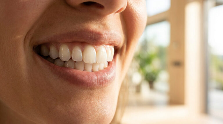 Gros plan sur le sourire naturel d'une femme mettant en avant des dents parfaitement alignées et restaurées.
