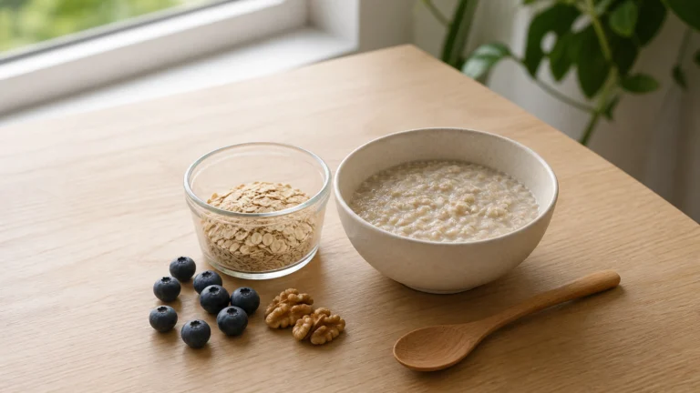Portion de flocons d’avoine secs à côté d’un bol de porridge, avec myrtilles et noix