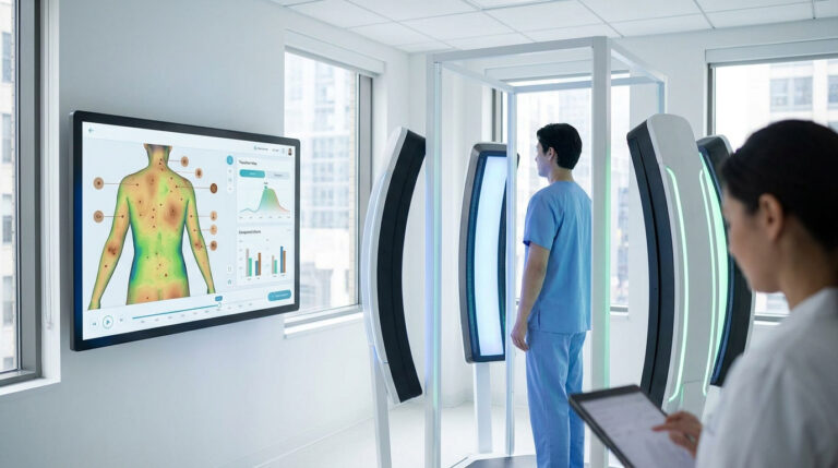 Un patient subit un scan corporel complet pour le dépistage du mélanome sous la supervision d'un médecin.