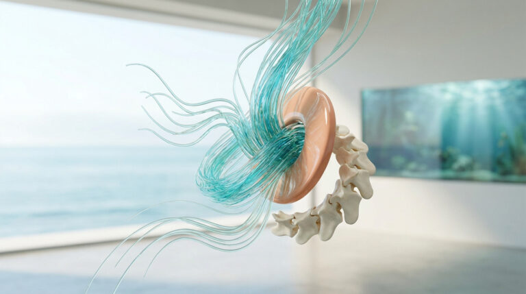 Illustration 3D de fibres de collagène bleu turquoise passant à travers une structure osseuse dans un environnement marin.