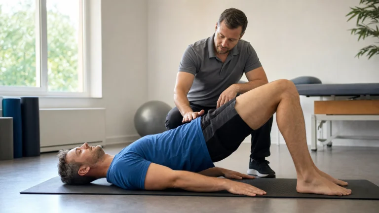 Un kinésithérapeute guide un patient pendant un exercice doux de rééducation lombaire