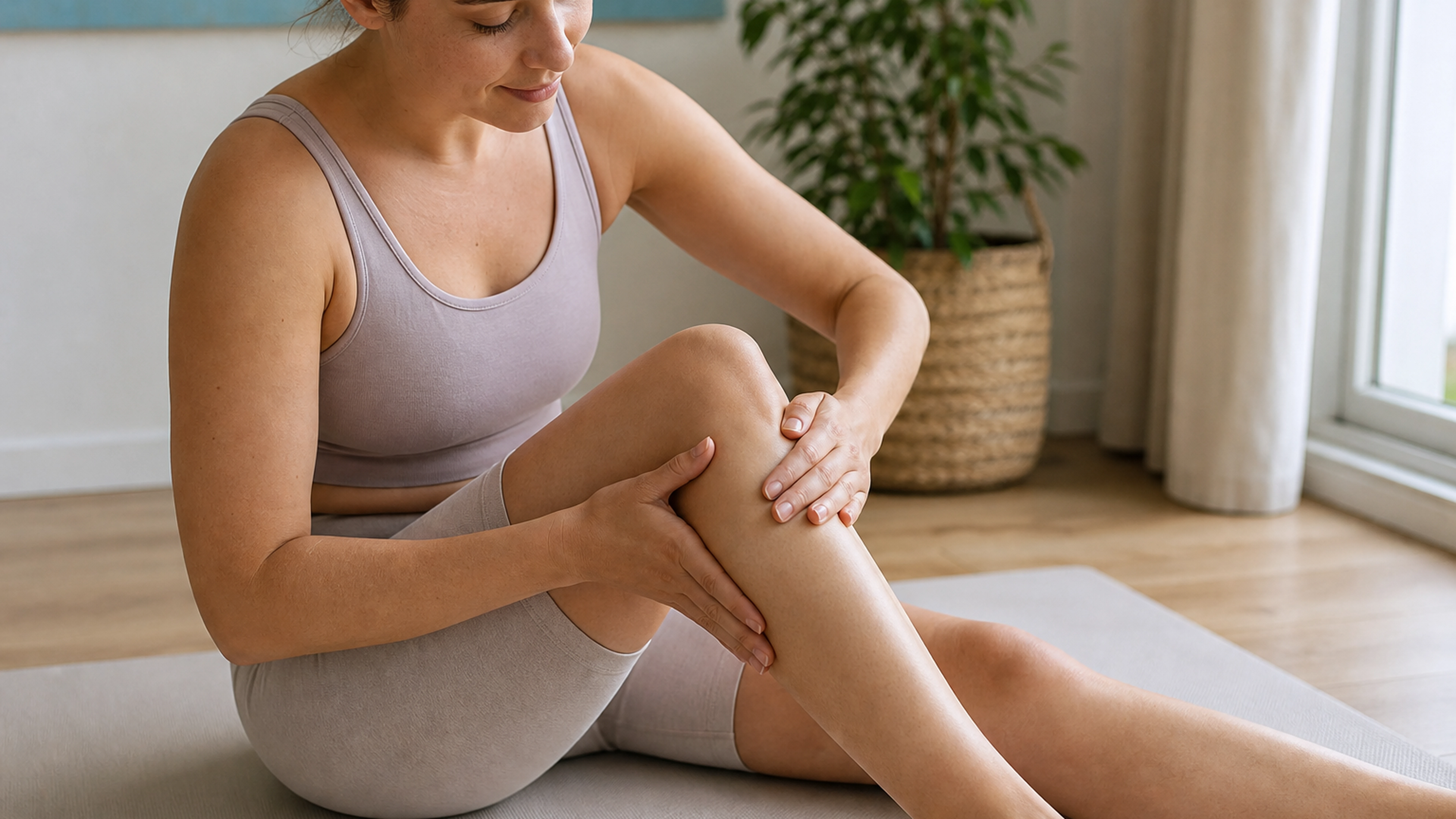 Femme effectuant un auto-massage doux autour du genou sur un tapis de sport