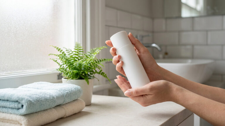 Mains tenant un flacon blanc dans une salle de bain lumineuse avec des serviettes et une plante.