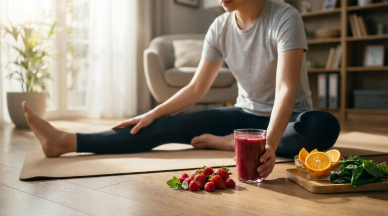 Personne assise sur un tapis de yoga en train de s'étirer avec un smoothie aux fruits et des produits frais à côté.