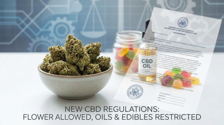 Fleurs de CBD dans un bol, huile et bonbons avec un document officiel en arrière-plan.