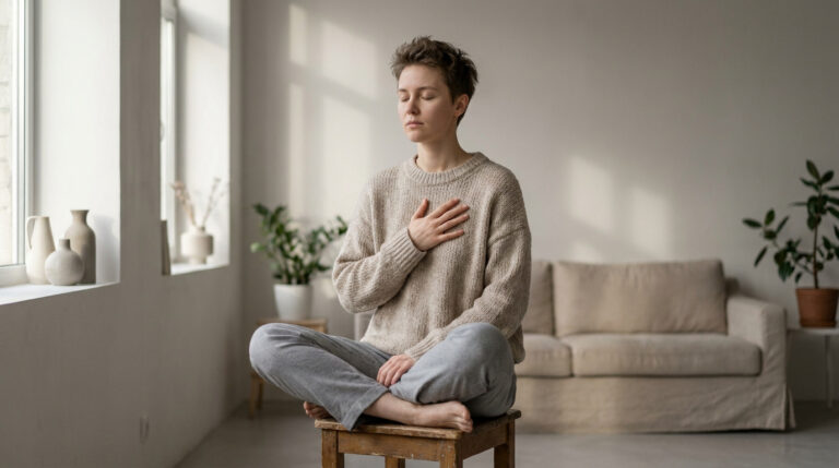 Personne assise en tailleur, yeux fermés, une main sur le cœur, dans un salon lumineux au style minimaliste.