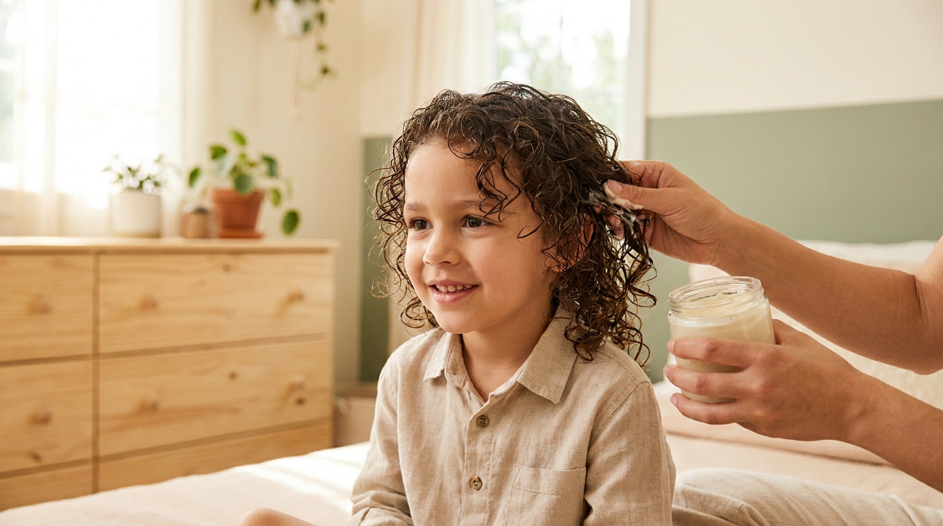 Un parent applique une crème coiffante sur les cheveux bouclés et souriants d'un jeune enfant dans une chambre lumineuse.