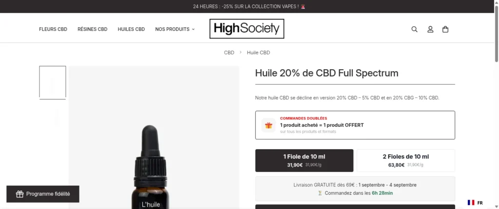 Fiche produit huile 20 % CBD full spectrum à 31,90 € le flacon de 10 ml, 1 acheté = 1 offert