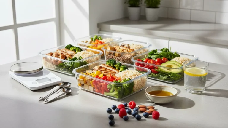 Boîtes repas équilibrées, balance et collations saines sur un plan de travail