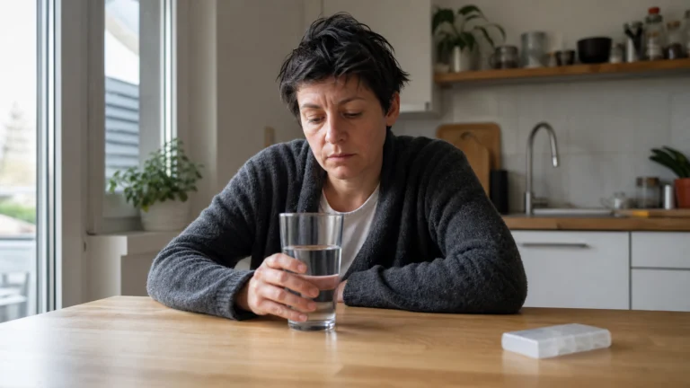 Personne fatiguée assise à une table, tenant un verre d’eau dans une cuisine éclairée naturellement