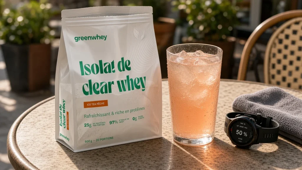 Sachet greenwhey Isolat de clear whey Ice Tea Pêche et verre de boisson limpide après cardio