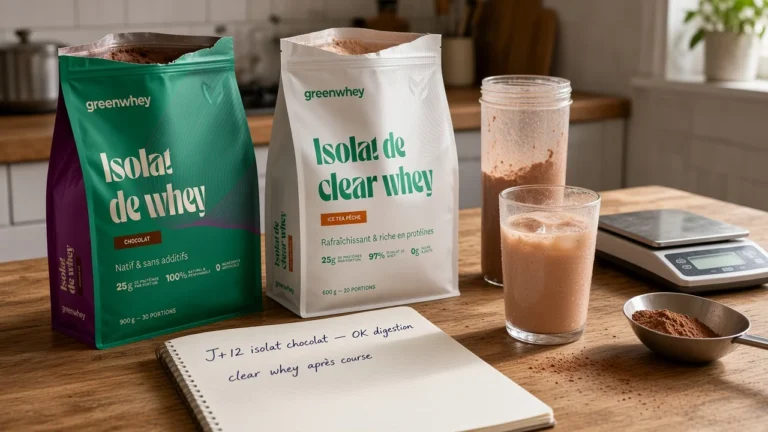 Sachets greenwhey ouverts sur un plan de travail, shaker chocolat, carnet de notes de test
