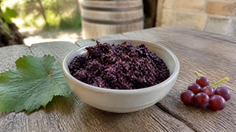 Marc de raisin rouge fraîchement pressé dans un bol, avec quelques raisins et une feuille de vigne.