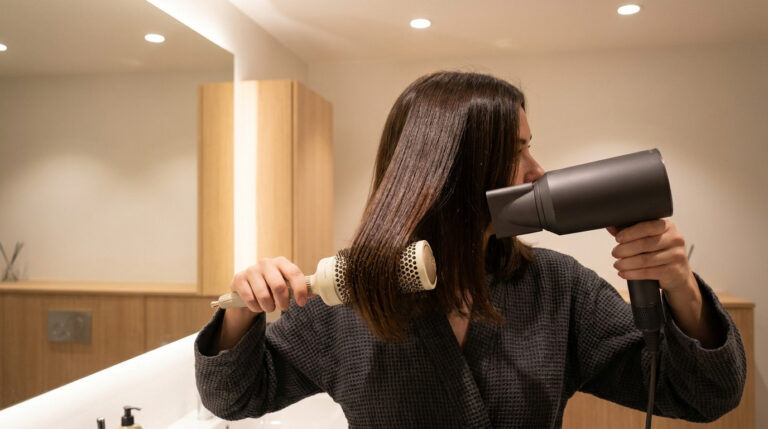 Femme brune en peignoir faisant un brushing lisse avec une brosse ronde et un sèche-cheveux dans sa salle de bain.