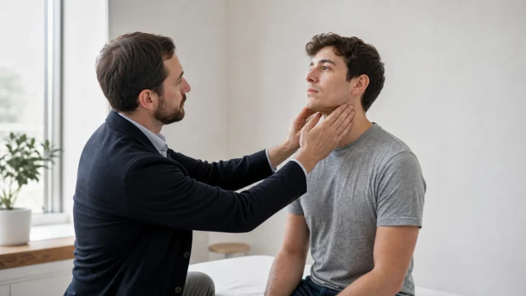 Un médecin palpe les ganglions du cou d’un patient lors d’une consultation.