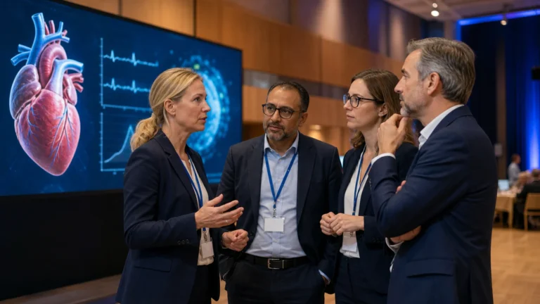 Cardiologues échangeant lors d’un congrès sur l’intelligence artificielle et la santé cardiovasculaire