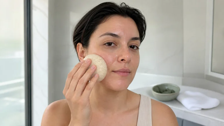 Personne nettoyant délicatement sa joue avec une éponge konjac dans une salle de bain lumineuse