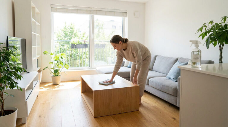 Une femme nettoie la table basse de son salon moderne et lumineux avec un chiffon.