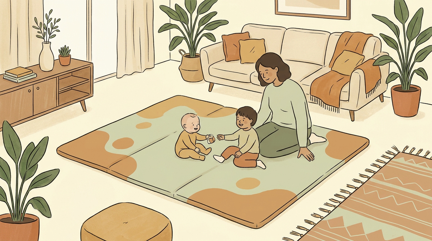 Famille heureuse partageant un moment de complicité sur un tapis de jeu dans un salon