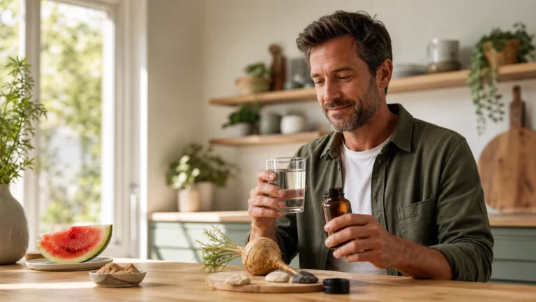 Homme adulte préparant un complément alimentaire avec un verre d’eau et des ingrédients naturels