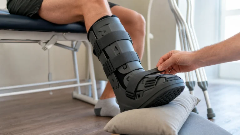 Patient assis avec le pied immobilisé dans une botte orthopédique ajustée par un professionnel de santé
