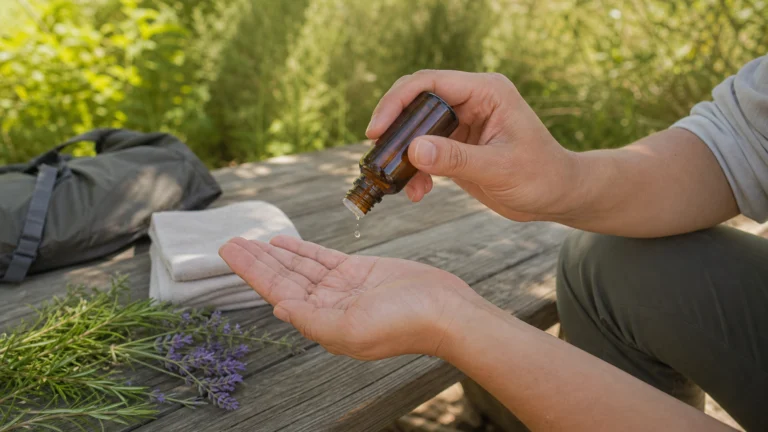 Des mains versant quelques gouttes de lotion près de brins de romarin et de lavande après une randonnée