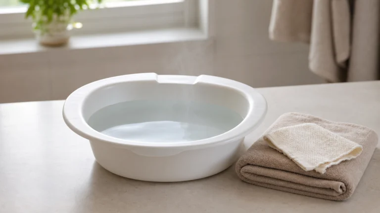 Bassin d’eau tiède et serviettes en coton dans une salle de bain lumineuse