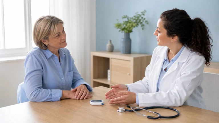 Patiente échangeant avec une médecin lors d’une consultation de suivi glycémique