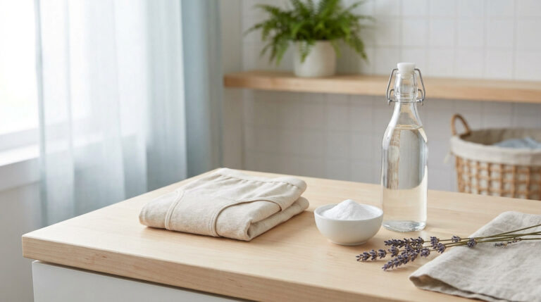 Culotte, bol de bicarbonate, bouteille d'eau et brins de lavande sur une table en bois pour l'entretien du linge.