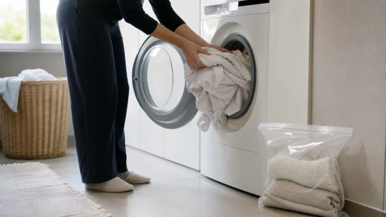 Une personne place des draps blancs dans un lave-linge, avec des textiles isolés dans un sac hermétique.