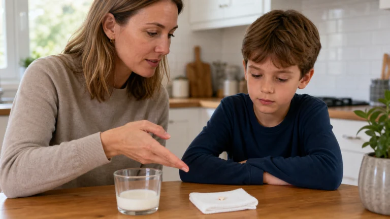 Un parent rassure un enfant devant un verre de lait et un fragment de dent posé sur une compresse.