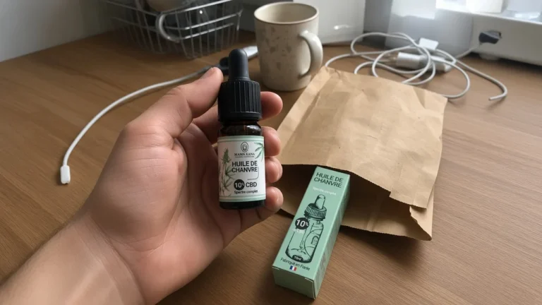 Photo au téléphone : le flacon Mama Kana 10 % sorti du colis, à la maison